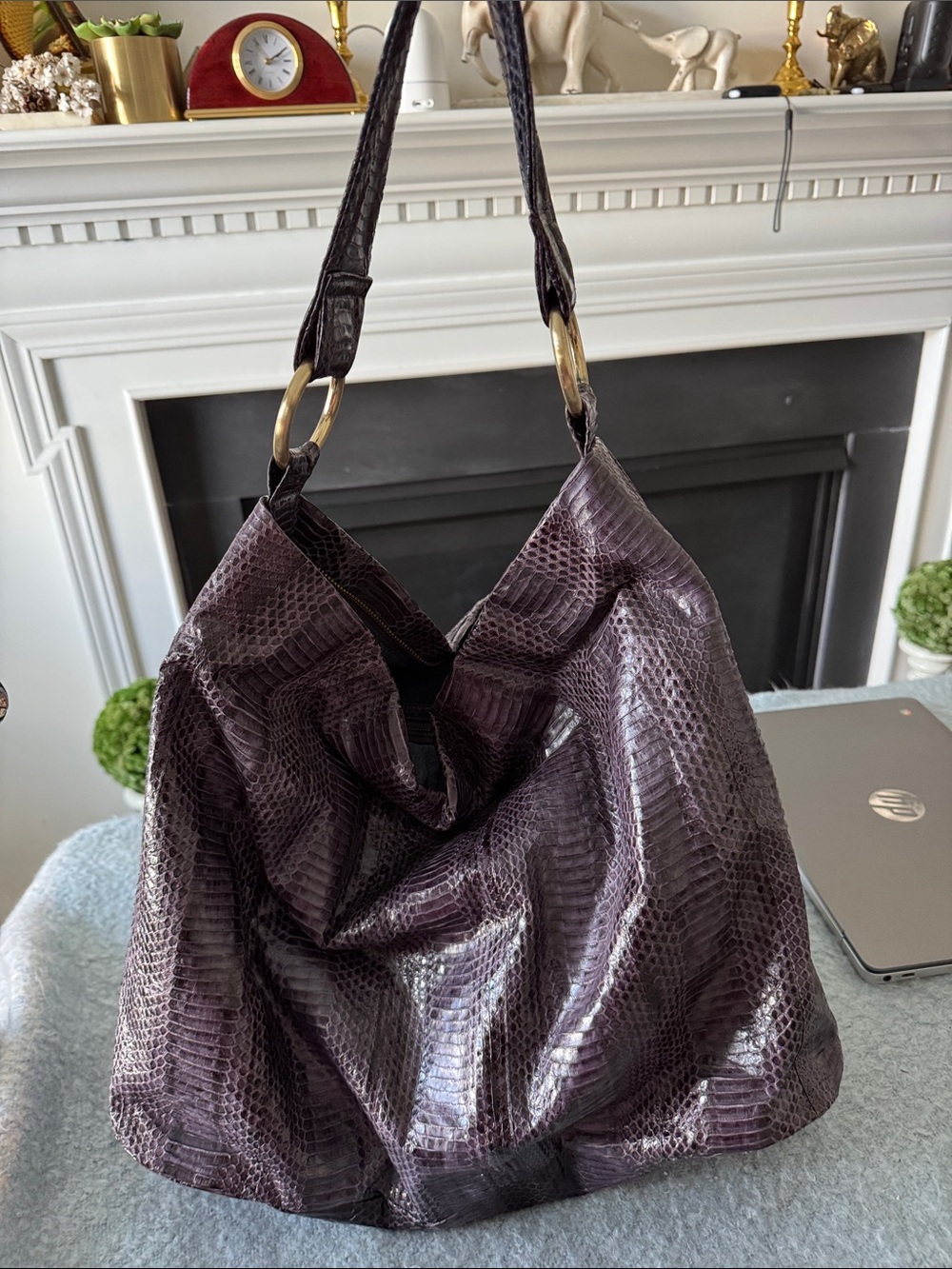 Metallic Snake-Effect Leather Hobo Bag